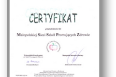 certyfikat przynależności do Małopolskiej Sieci Szkół Promujących Zdrowie